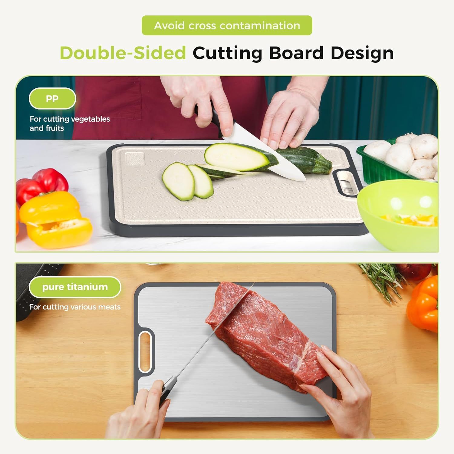 Dual-Sided Kitchen Cutting Boards with Titanium-Look & Textured PP Surfaces, Juice Groove, Grinding Area, Non-Slip Edges, and Integrated Handles—For Separating Raw/Cooked Foods and Efficient Meal Prep - Image 4