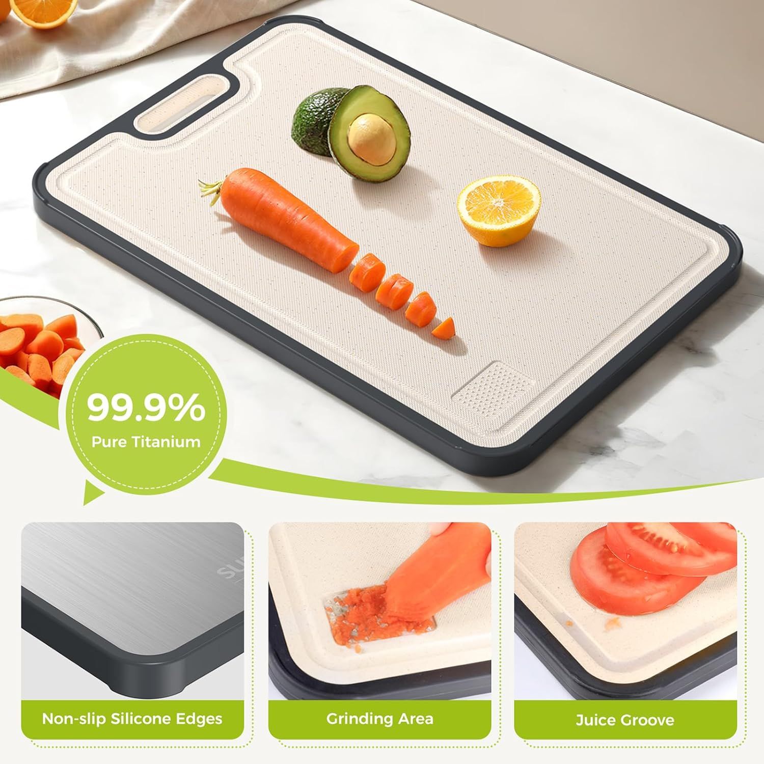 Dual-Sided Kitchen Cutting Boards with Titanium-Look & Textured PP Surfaces, Juice Groove, Grinding Area, Non-Slip Edges, and Integrated Handles—For Separating Raw/Cooked Foods and Efficient Meal Prep - Image 6
