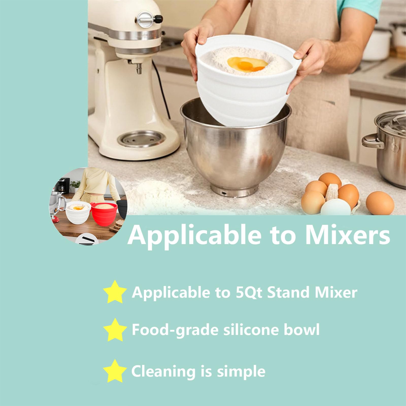 Silicone Bowl Liner for 4.5–5-Quart Stand Mixer – Food-Grade, Collapsible, Non-Stick Replacement Inner Bowl with Lid, Dishwasher Safe, Oven & Fridge Ready (White) - Image 5
