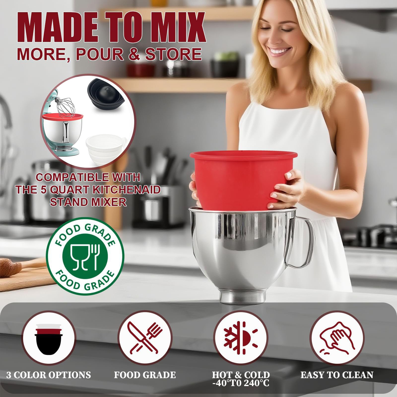 Silicone Bowl Liner for 4.5–5-Quart Stand Mixer – Food-Grade, Collapsible, Non-Stick Replacement Inner Bowl with Lid, Dishwasher Safe, Oven & Fridge Ready (White) - Image 6