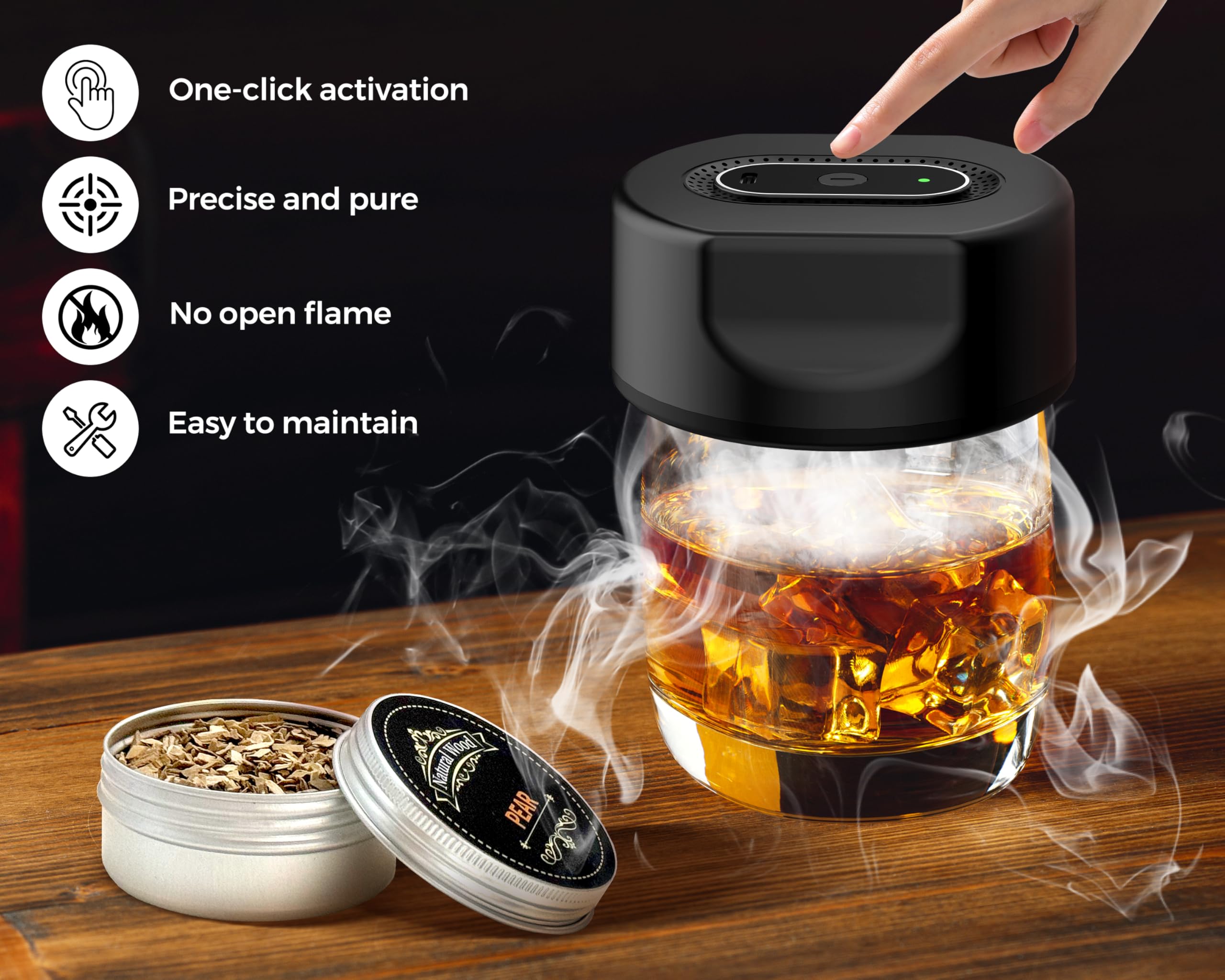 Black Smart Cocktail Smoker Kit – Electric Whiskey Smoke Generator with 6 Wood Chips, USB Rechargeable, One-Click Ignition | Perfect Gift for Men & Bar Enthusiasts - Image 3