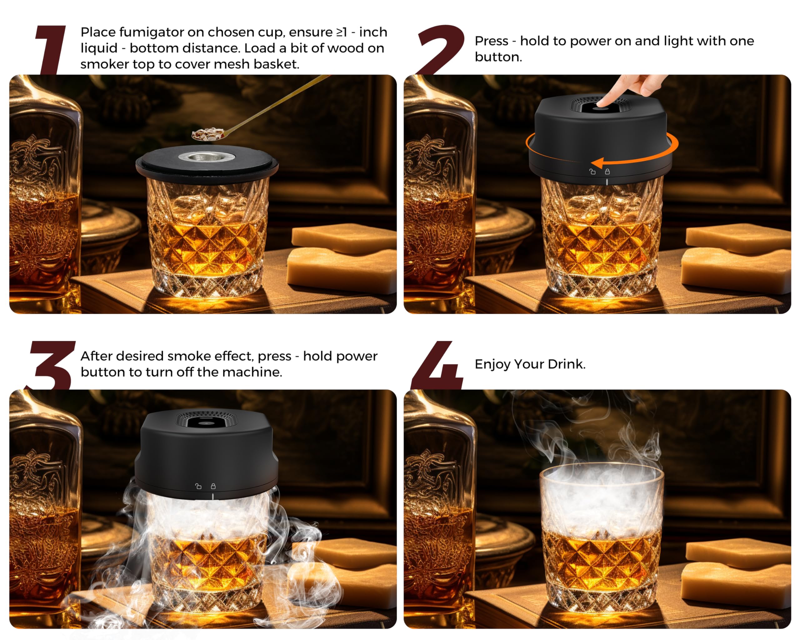 Black Smart Cocktail Smoker Kit – Electric Whiskey Smoke Generator with 6 Wood Chips, USB Rechargeable, One-Click Ignition | Perfect Gift for Men & Bar Enthusiasts - Image 5