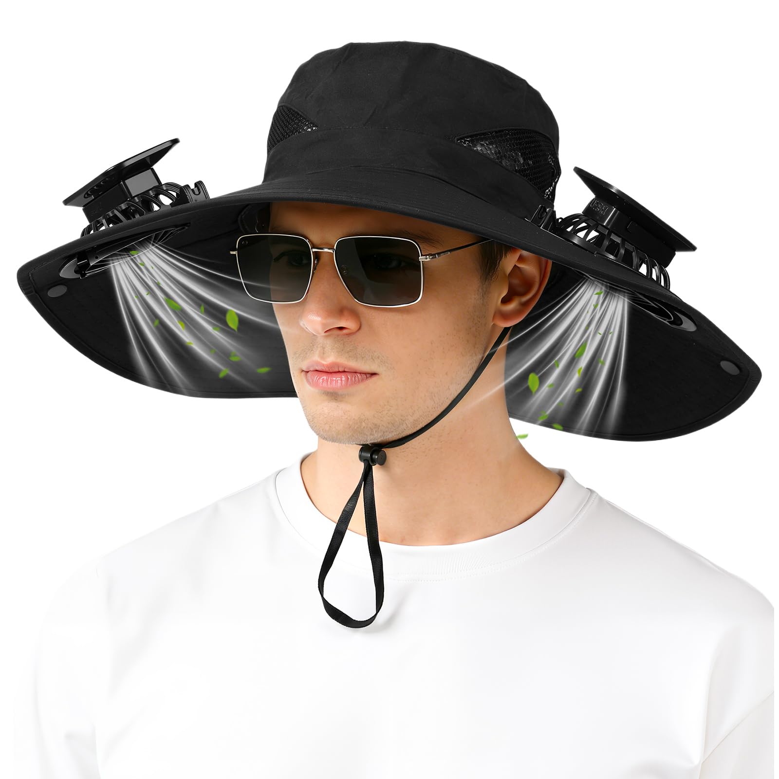 Solar-Powered Dual-Fan Sun Hat – UPF 50+ Wide-Brim Outdoor Hat with 2 USB/Solar Rechargeable Fans, Adjustable Strap, Breathable Mesh, for Fishing, Hiking, Beach & Gardening; Unisex Cooling Cap with 800mAh Battery (Black) - Image 1