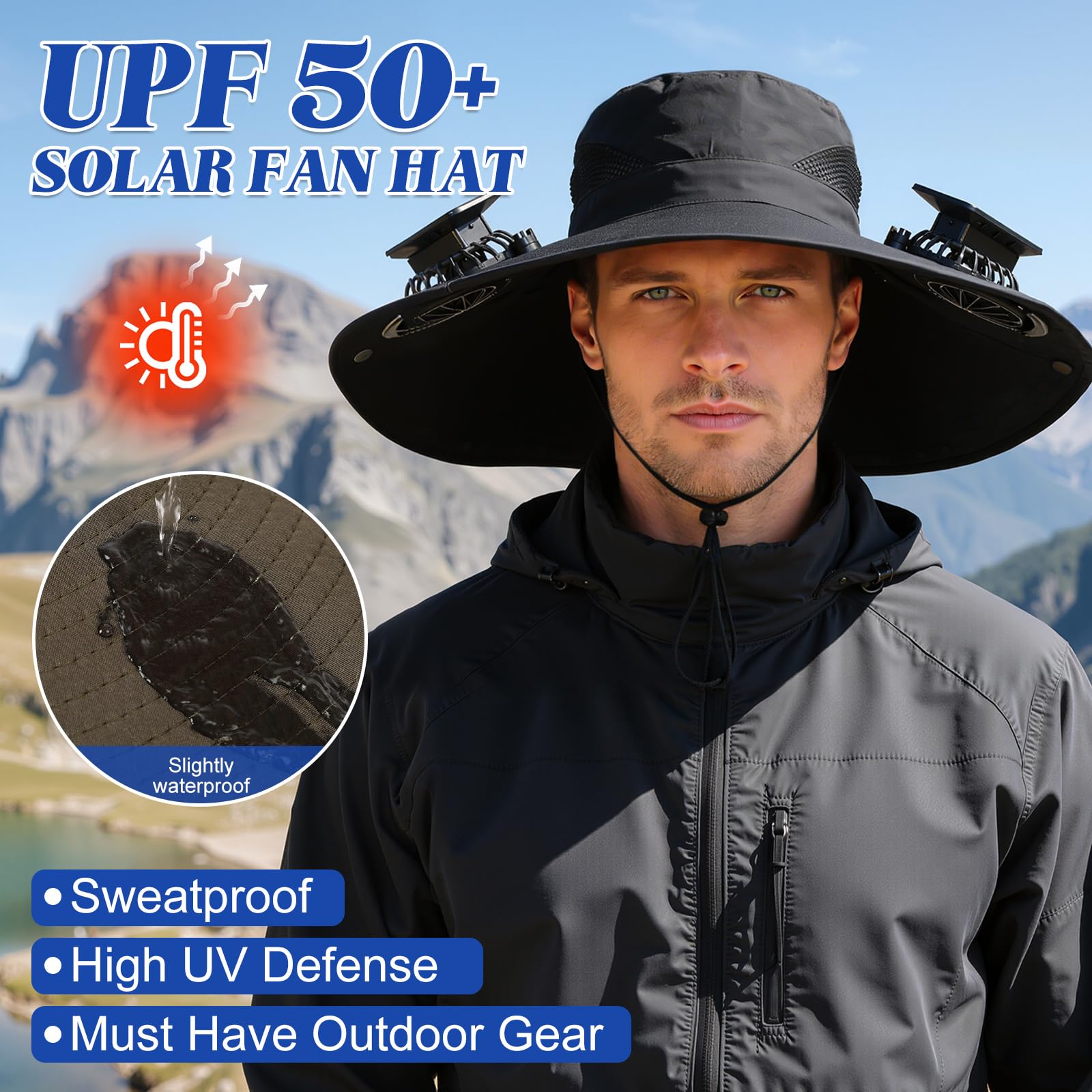 Solar-Powered Dual-Fan Sun Hat – UPF 50+ Wide-Brim Outdoor Hat with 2 USB/Solar Rechargeable Fans, Adjustable Strap, Breathable Mesh, for Fishing, Hiking, Beach & Gardening; Unisex Cooling Cap with 800mAh Battery (Black) - Image 3