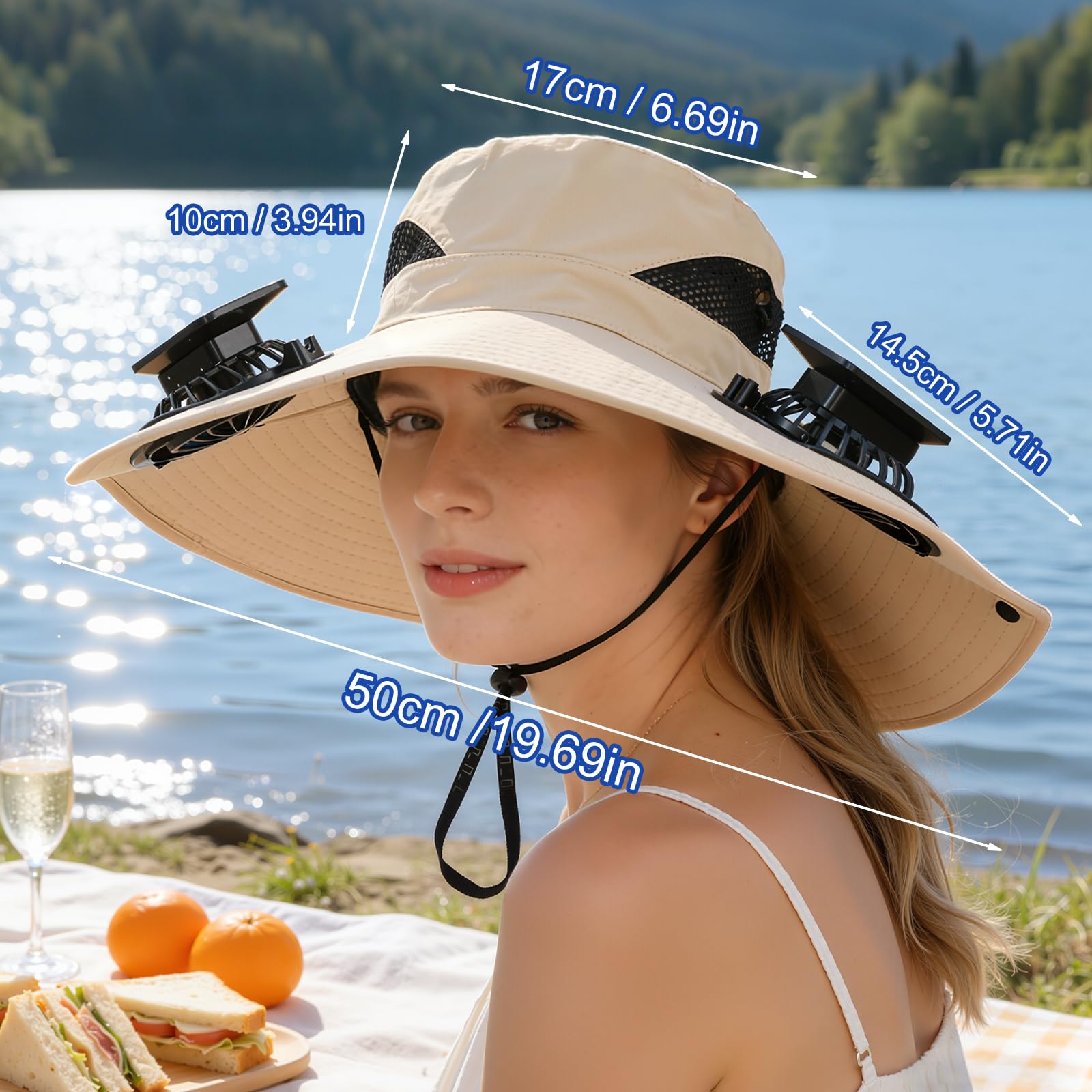 Solar-Powered Dual-Fan Sun Hat – UPF 50+ Wide-Brim Outdoor Hat with 2 USB/Solar Rechargeable Fans, Adjustable Strap, Breathable Mesh, for Fishing, Hiking, Beach & Gardening; Unisex Cooling Cap with 800mAh Battery (Black) - Image 7