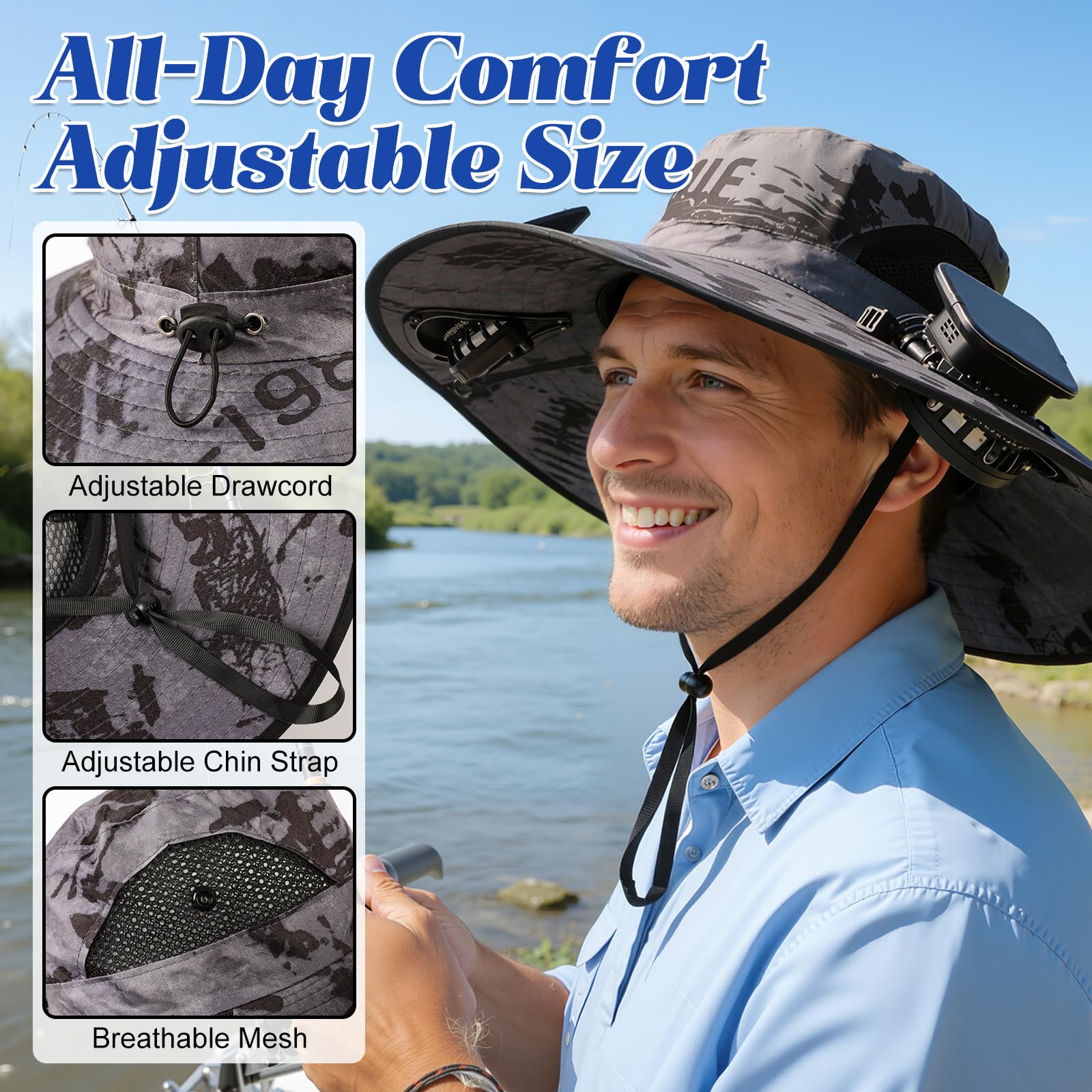 Solar-Powered Dual-Fan Sun Hat – UPF 50+ Wide-Brim Outdoor Hat with 2 USB/Solar Rechargeable Fans, Adjustable Strap, Breathable Mesh, for Fishing, Hiking, Beach & Gardening; Unisex Cooling Cap with 800mAh Battery (Grey) - Image 2