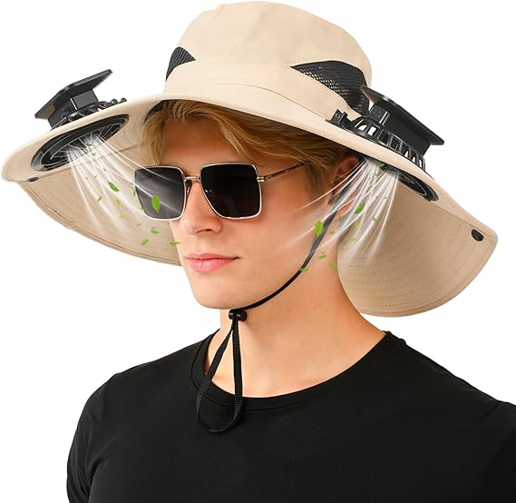 Solar-Powered Dual-Fan Sun Hat – UPF 50+ Wide-Brim Outdoor Hat with 2 USB/Solar Rechargeable Fans, Adjustable Strap, Breathable Mesh, for Fishing, Hiking, Beach & Gardening; Unisex Cooling Cap with 800mAh Battery (Khaki) - Image 1