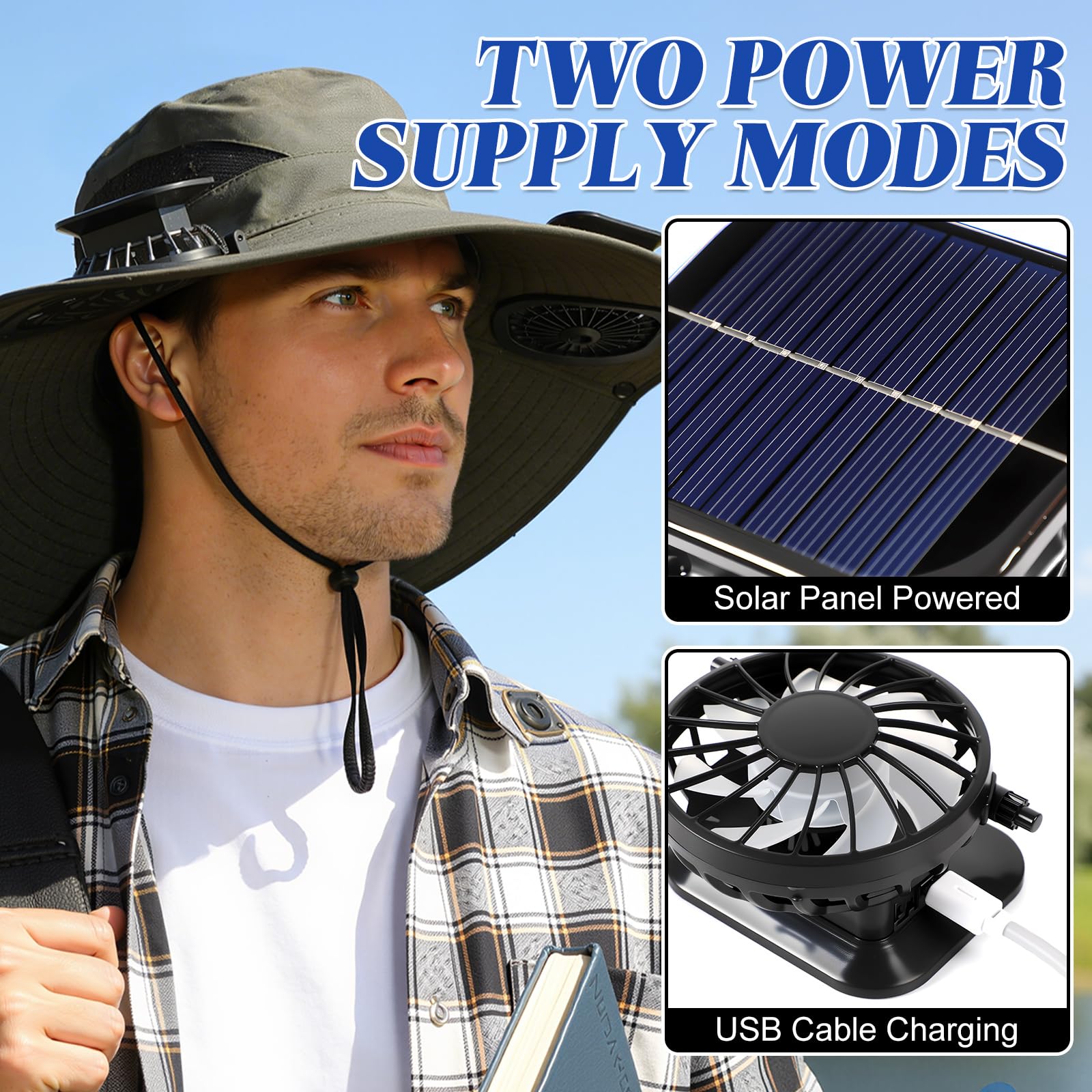 Solar-Powered Dual-Fan Sun Hat – UPF 50+ Wide-Brim Outdoor Hat with 2 USB/Solar Rechargeable Fans, Adjustable Strap, Breathable Mesh, for Fishing, Hiking, Beach & Gardening; Unisex Cooling Cap with 800mAh Battery (Khaki) - Image 4