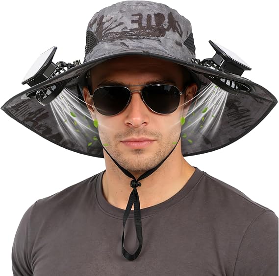 Solar-Powered Dual-Fan Sun Hat – UPF 50+ Wide-Brim Outdoor Hat with 2 USB/Solar Rechargeable Fans, Adjustable Strap, Breathable Mesh, for Fishing, Hiking, Beach & Gardening; Unisex Cooling Cap with 800mAh Battery (Dark- Grey) - Image 1
