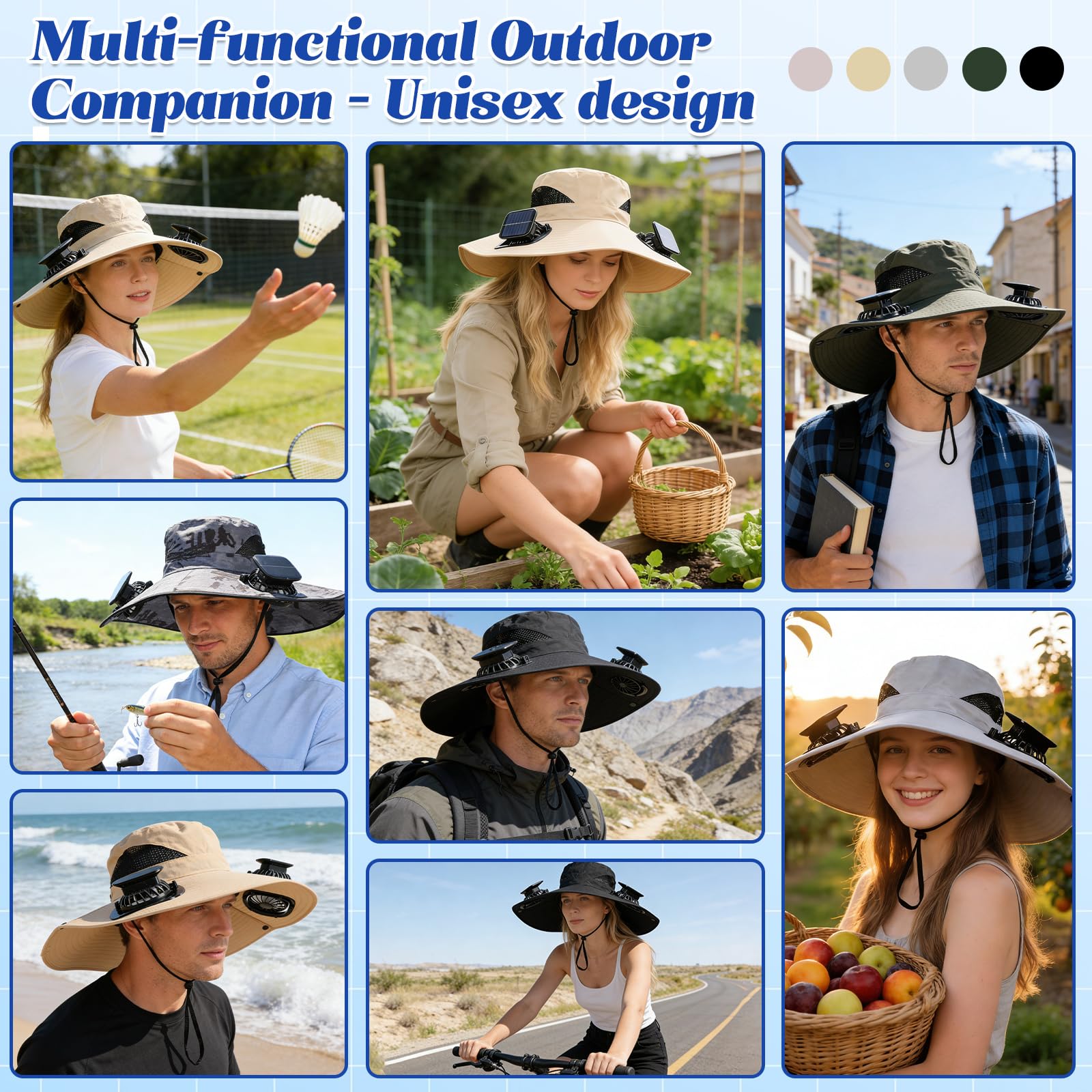 Solar-Powered Dual-Fan Sun Hat – UPF 50+ Wide-Brim Outdoor Hat with 2 USB/Solar Rechargeable Fans, Adjustable Strap, Breathable Mesh, for Fishing, Hiking, Beach & Gardening; Unisex Cooling Cap with 800mAh Battery (Dark- Grey) - Image 6