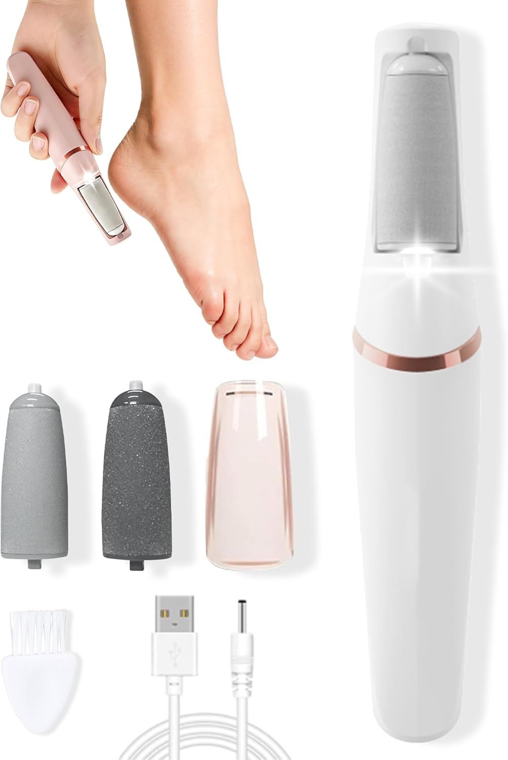 Electric Foot Care File with 2 Adjustable Speeds, 2 Interchangeable Grinding Heads, LED Light, USB-Rechargeable Design, Compact Handle, Safe for Routine Home Use (White) - Image 1