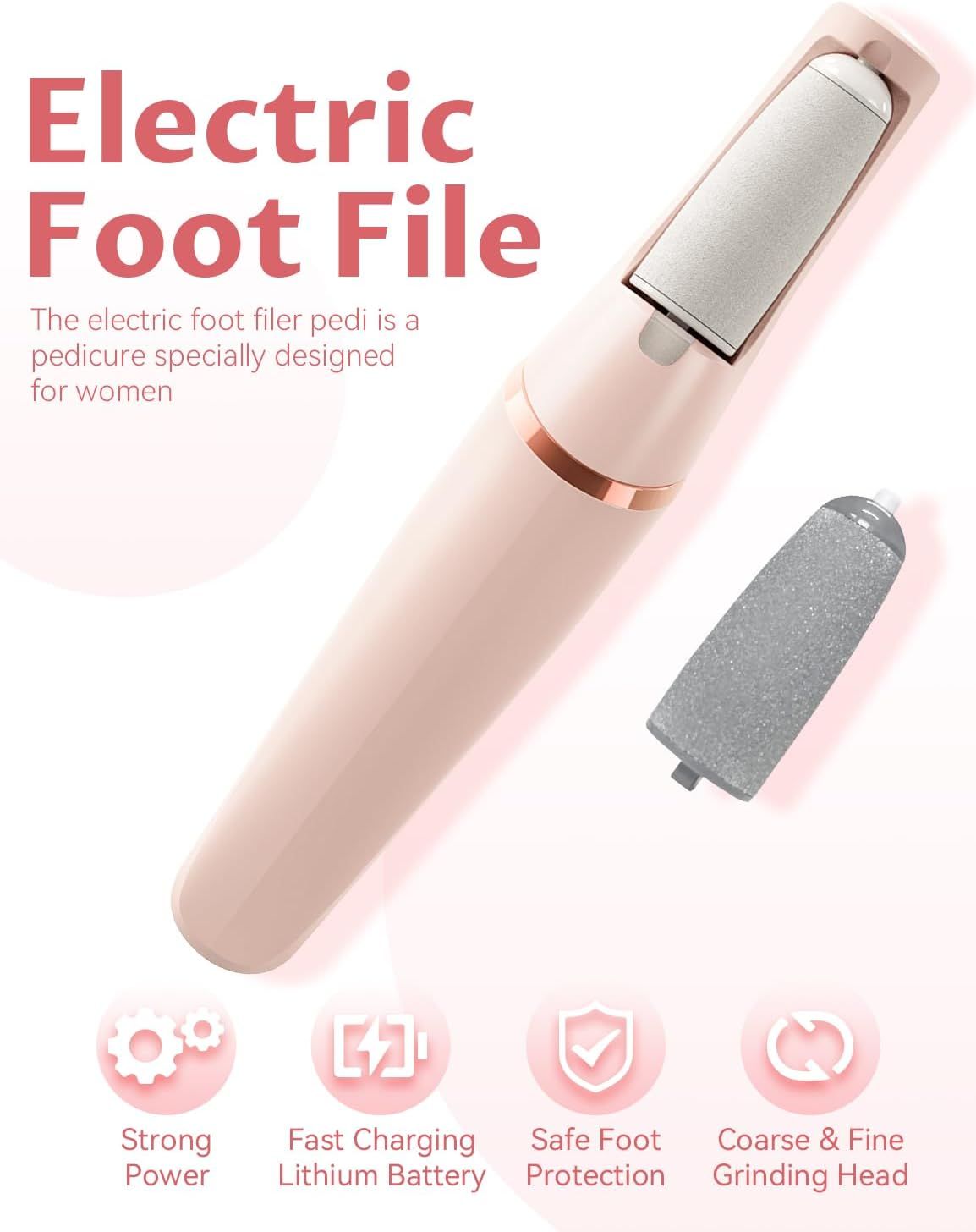 Electric Foot Care File with 2 Adjustable Speeds, 2 Interchangeable Grinding Heads, LED Light, USB-Rechargeable Design, Compact Handle, Safe for Routine Home Use (White) - Image 2