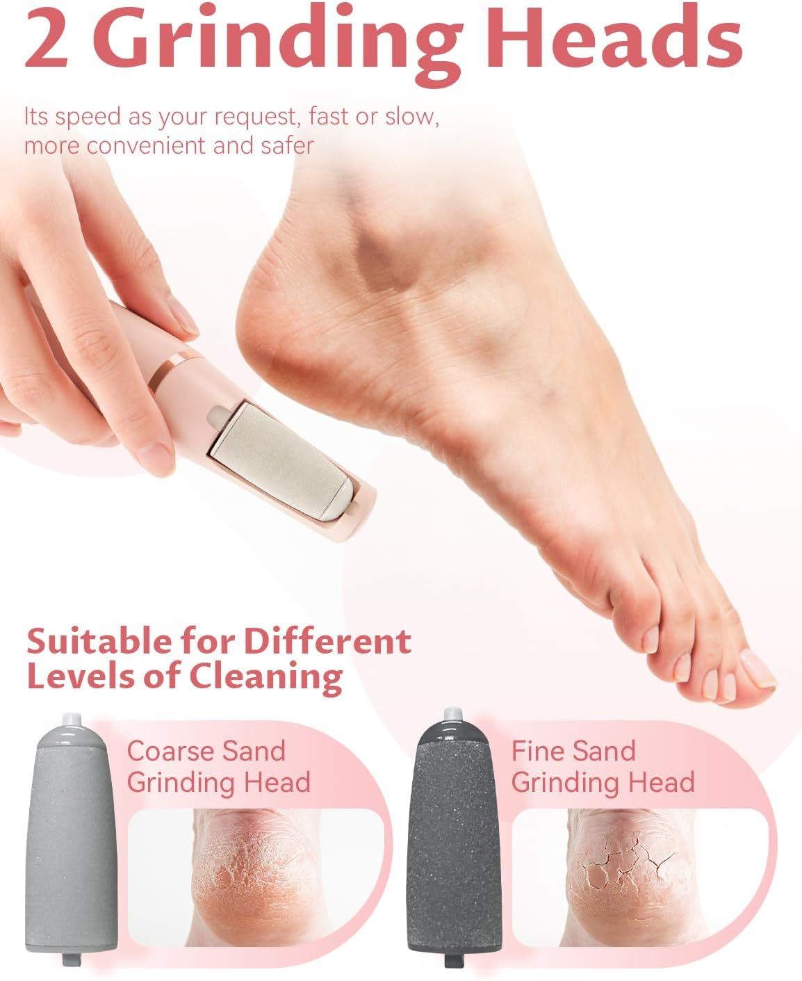 Electric Foot Care File with 2 Adjustable Speeds, 2 Interchangeable Grinding Heads, LED Light, USB-Rechargeable Design, Compact Handle, Safe for Routine Home Use (White) - Image 3