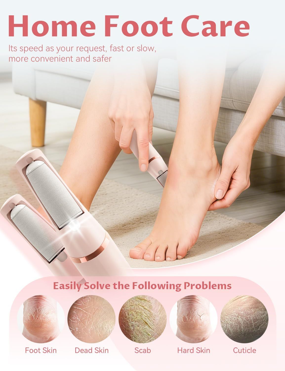 Electric Foot Care File with 2 Adjustable Speeds, 2 Interchangeable Grinding Heads, LED Light, USB-Rechargeable Design, Compact Handle, Safe for Routine Home Use (White) - Image 5