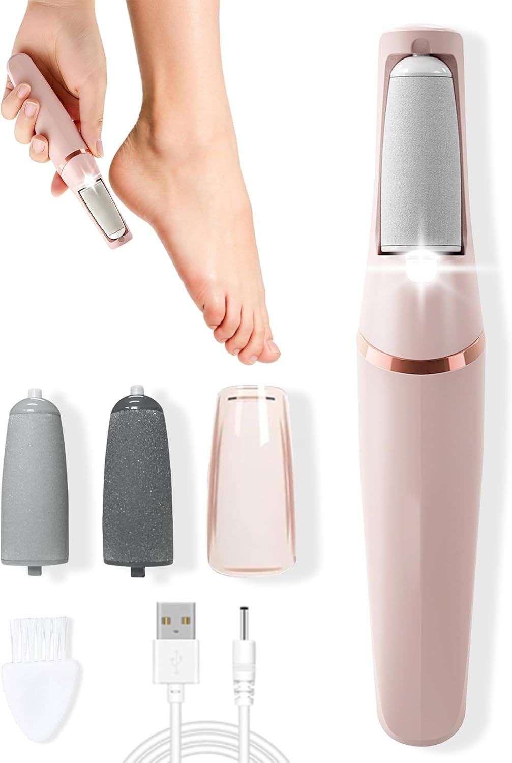 Electric Foot Care File with 2 Adjustable Speeds, 2 Interchangeable Grinding Heads, LED Light, USB-Rechargeable Design, Compact Handle, Safe for Routine Home Use (Pink) - Image 1