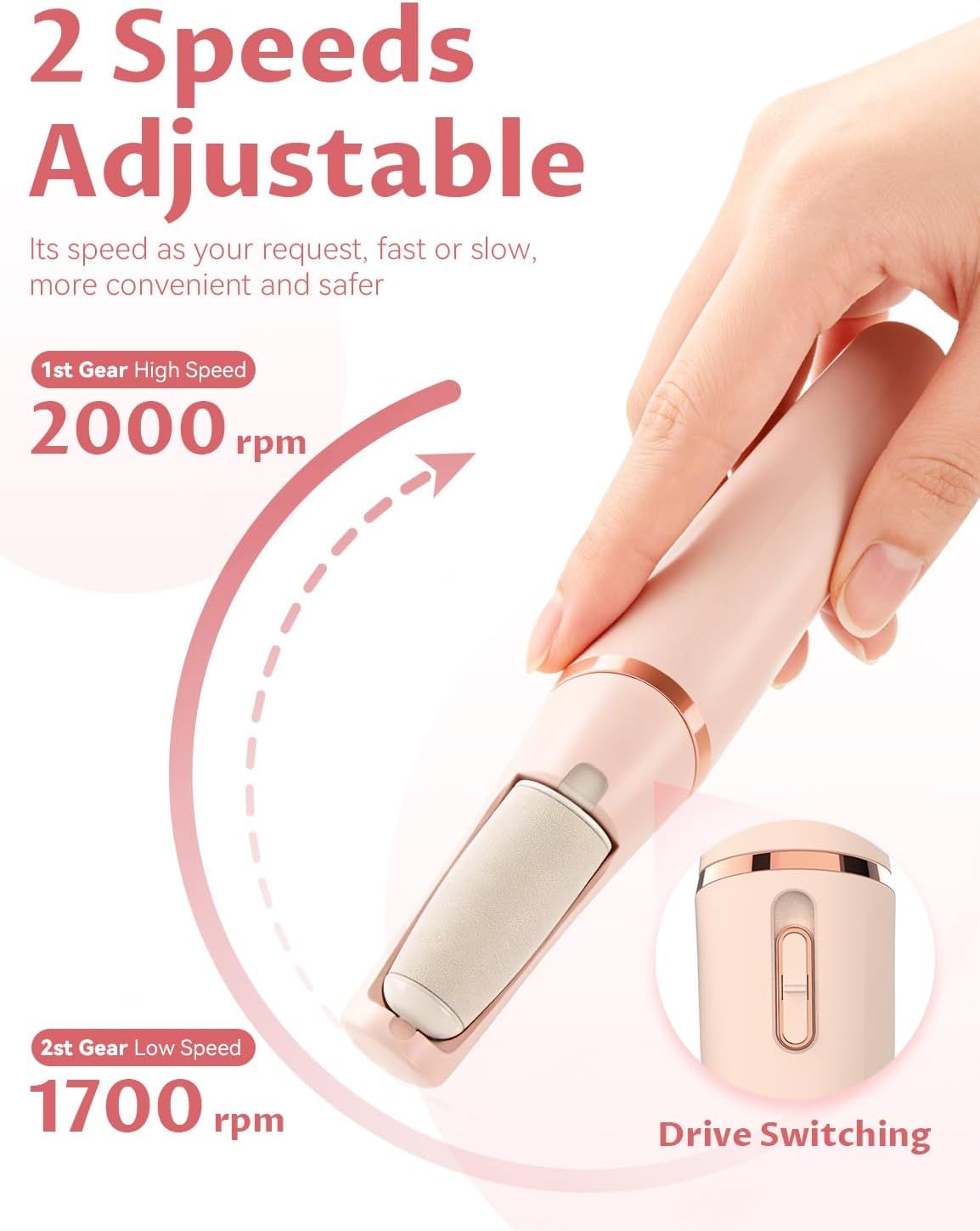 Electric Foot Care File with 2 Adjustable Speeds, 2 Interchangeable Grinding Heads, LED Light, USB-Rechargeable Design, Compact Handle, Safe for Routine Home Use (Pink) - Image 4