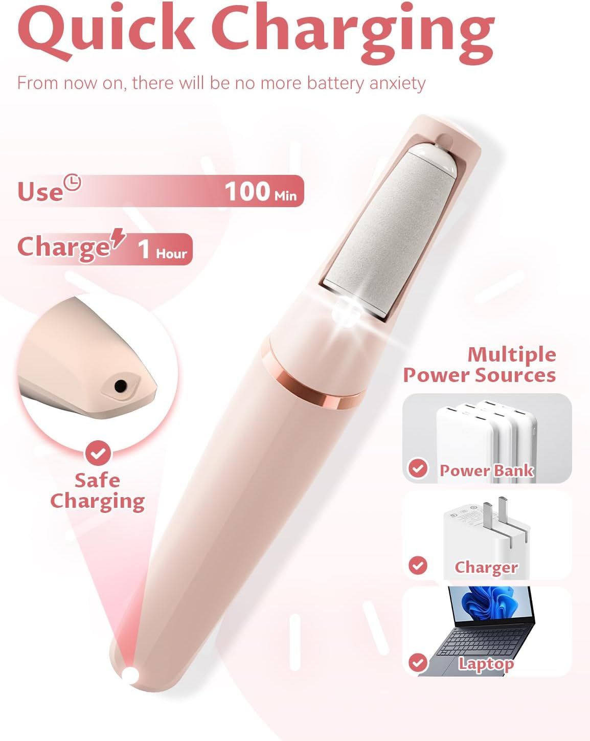 Electric Foot Care File with 2 Adjustable Speeds, 2 Interchangeable Grinding Heads, LED Light, USB-Rechargeable Design, Compact Handle, Safe for Routine Home Use (Pink) - Image 6