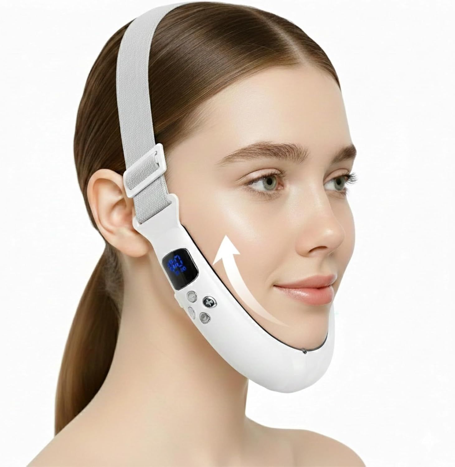 V-Face Contouring Band with Adjustable Strap, LCD Display, 8 Skin Comfort Modes, 15 Intensity Levels, Soft Silicone Contact Surface, Breathable Design, Rechargeable for Daily Facial Routine (White) - Image 1