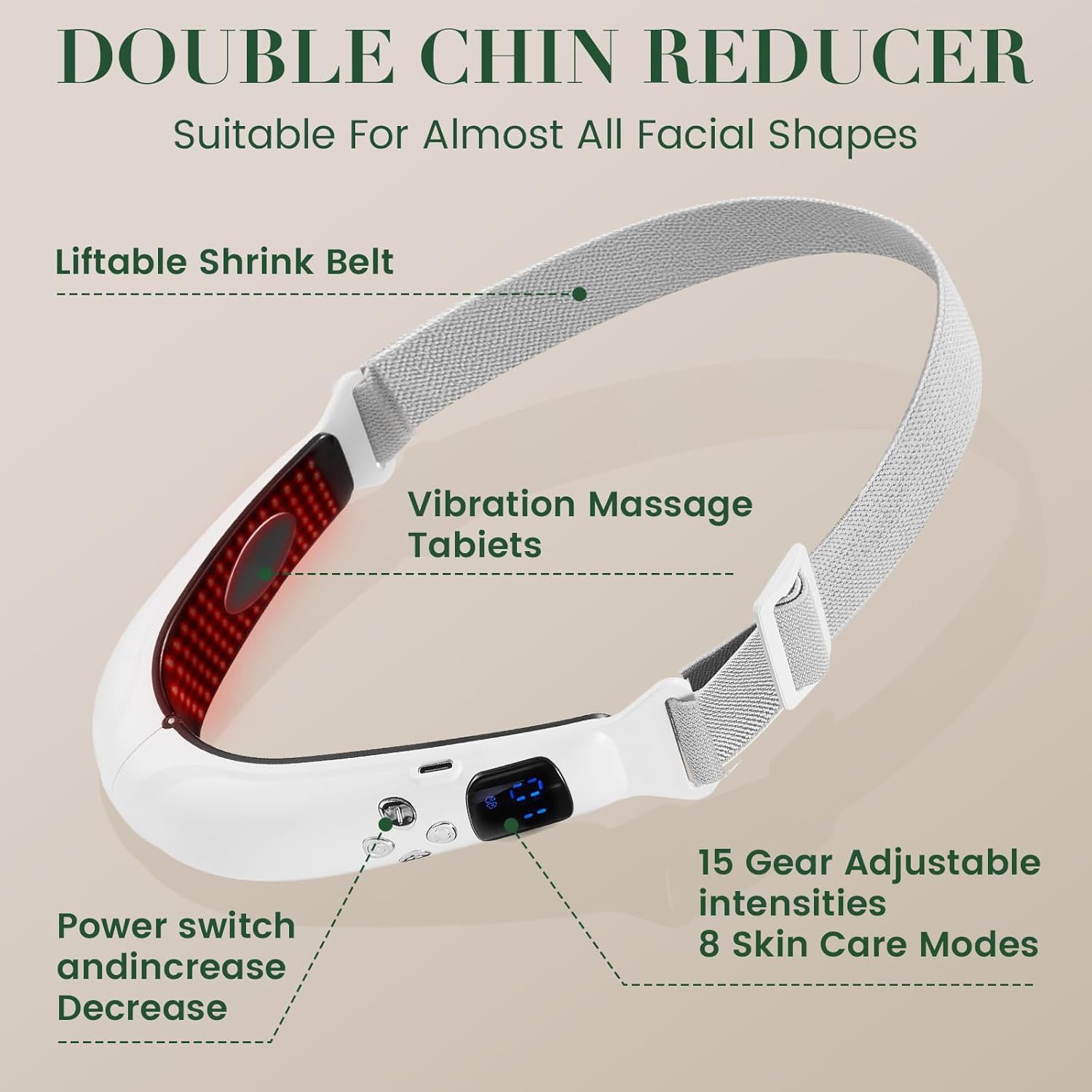 V-Face Contouring Band with Adjustable Strap, LCD Display, 8 Skin Comfort Modes, 15 Intensity Levels, Soft Silicone Contact Surface, Breathable Design, Rechargeable for Daily Facial Routine (White) - Image 3