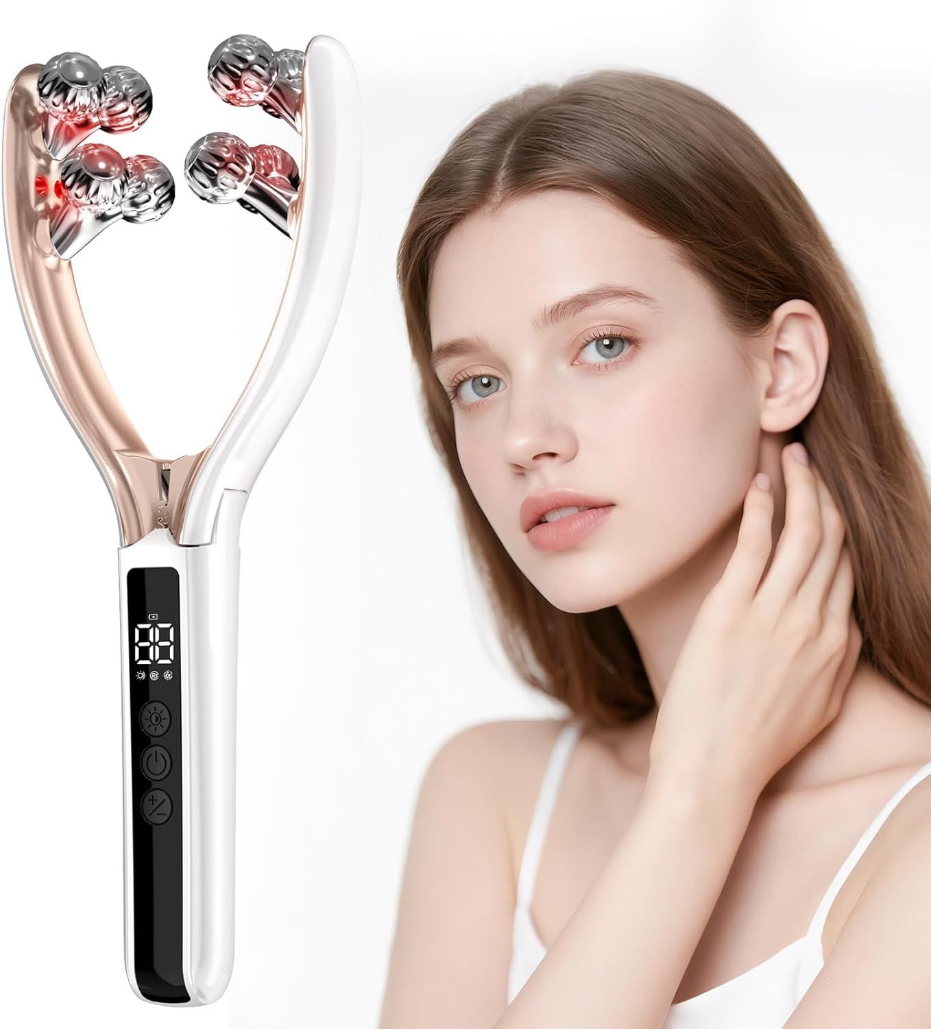 V-Shaped Facial Massage Roller with 8 Stainless Steel Balls, Dual-Tone Design, LCD Screen, 5-Speed Adjustment, Type-C Charging, Smooth Gliding for Face, Neck & Body, Compact Beauty Tool (White) - Image 1