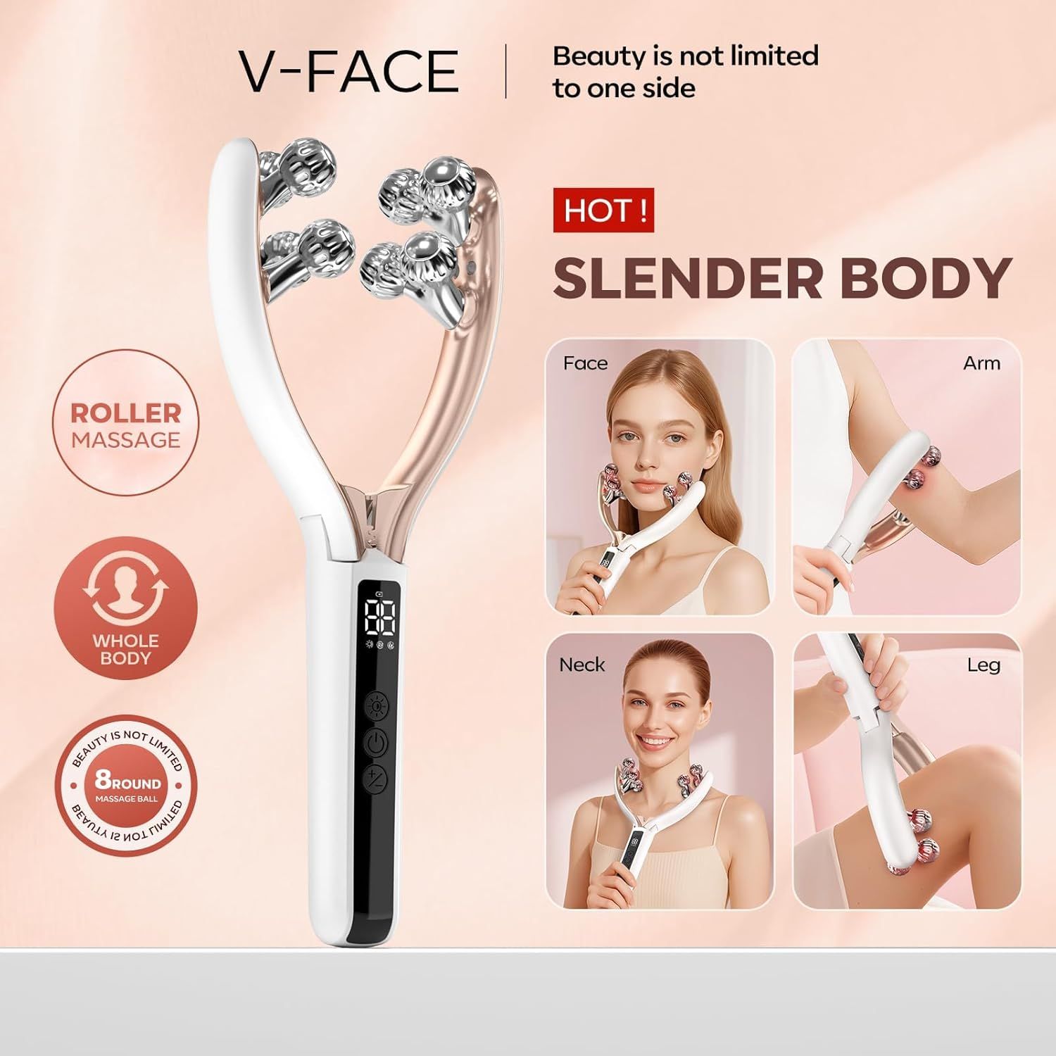 V-Shaped Facial Massage Roller with 8 Stainless Steel Balls, Dual-Tone Design, LCD Screen, 5-Speed Adjustment, Type-C Charging, Smooth Gliding for Face, Neck & Body, Compact Beauty Tool (White) - Image 2
