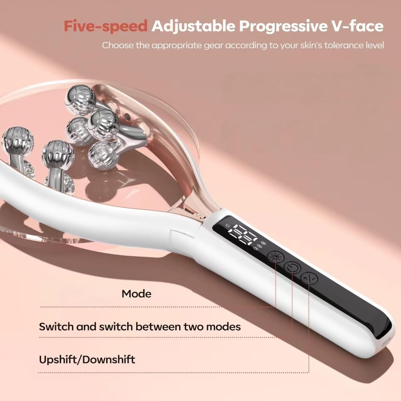 V-Shaped Facial Massage Roller with 8 Stainless Steel Balls, Dual-Tone Design, LCD Screen, 5-Speed Adjustment, Type-C Charging, Smooth Gliding for Face, Neck & Body, Compact Beauty Tool (White) - Image 4