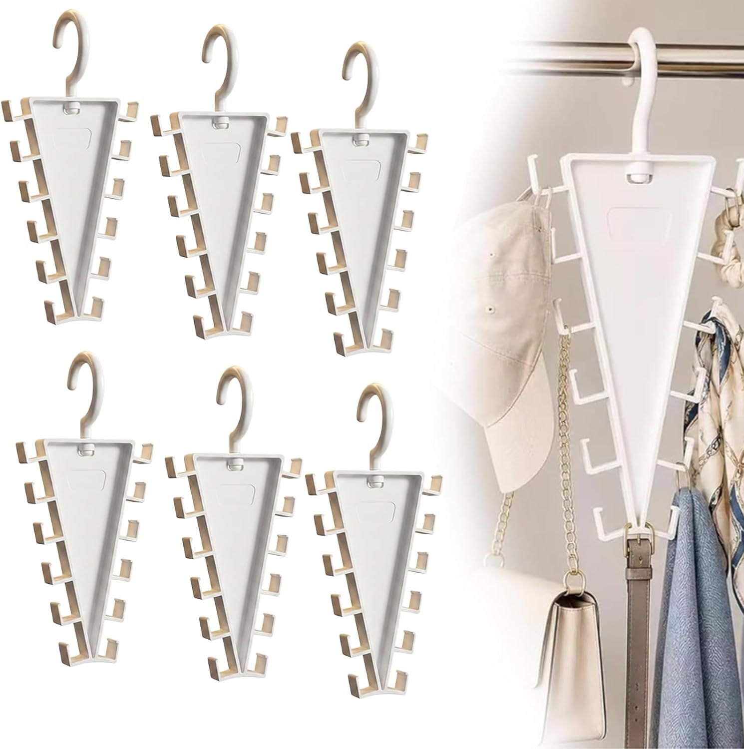 6-Pack V-Shaped 360° Rotating Closet Organizer with 12 Hooks for Hats, Bags & Scarves, Space-Saving Wardrobe Hanger (White) - Image 1