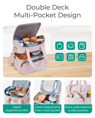 Double-Layer Insulated Lunch Bag with Quilted Design – 11.8L Cooler Tote for Work, Picnics & Travel (Pink) | Other Colors Available In-Store - Image 7