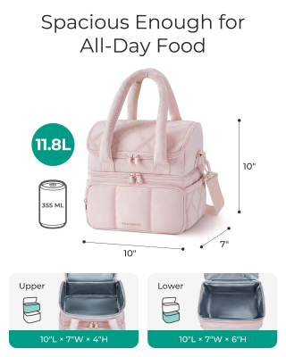 Double-Layer Insulated Lunch Bag with Quilted Design – 11.8L Cooler Tote for Work, Picnics & Travel (Black) | Other Colors Available In-Store - Image 4