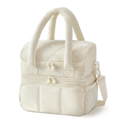Double-Layer Insulated Lunch Bag with Quilted Design – 11.8L Cooler Tote for Work, Picnics & Travel (Beige) | Other Colors Available In-Store - Image 1