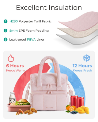 Double-Layer Insulated Lunch Bag with Quilted Design – 11.8L Cooler Tote for Work, Picnics & Travel (Beige) | Other Colors Available In-Store - Image 2