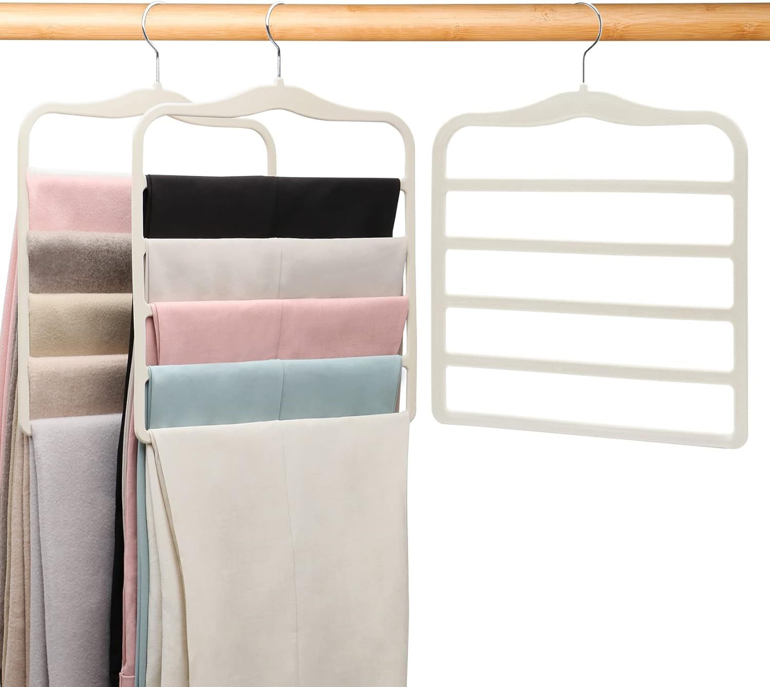 3-Pack Black 5-Tier Velvet Pants Hangers—Swivel Hook, Multi-Use for Pants, Scarves, Towels & Ties—Space-Efficient Closet Organizer for Apartments, Dorms, Small Spaces (White) - Image 1