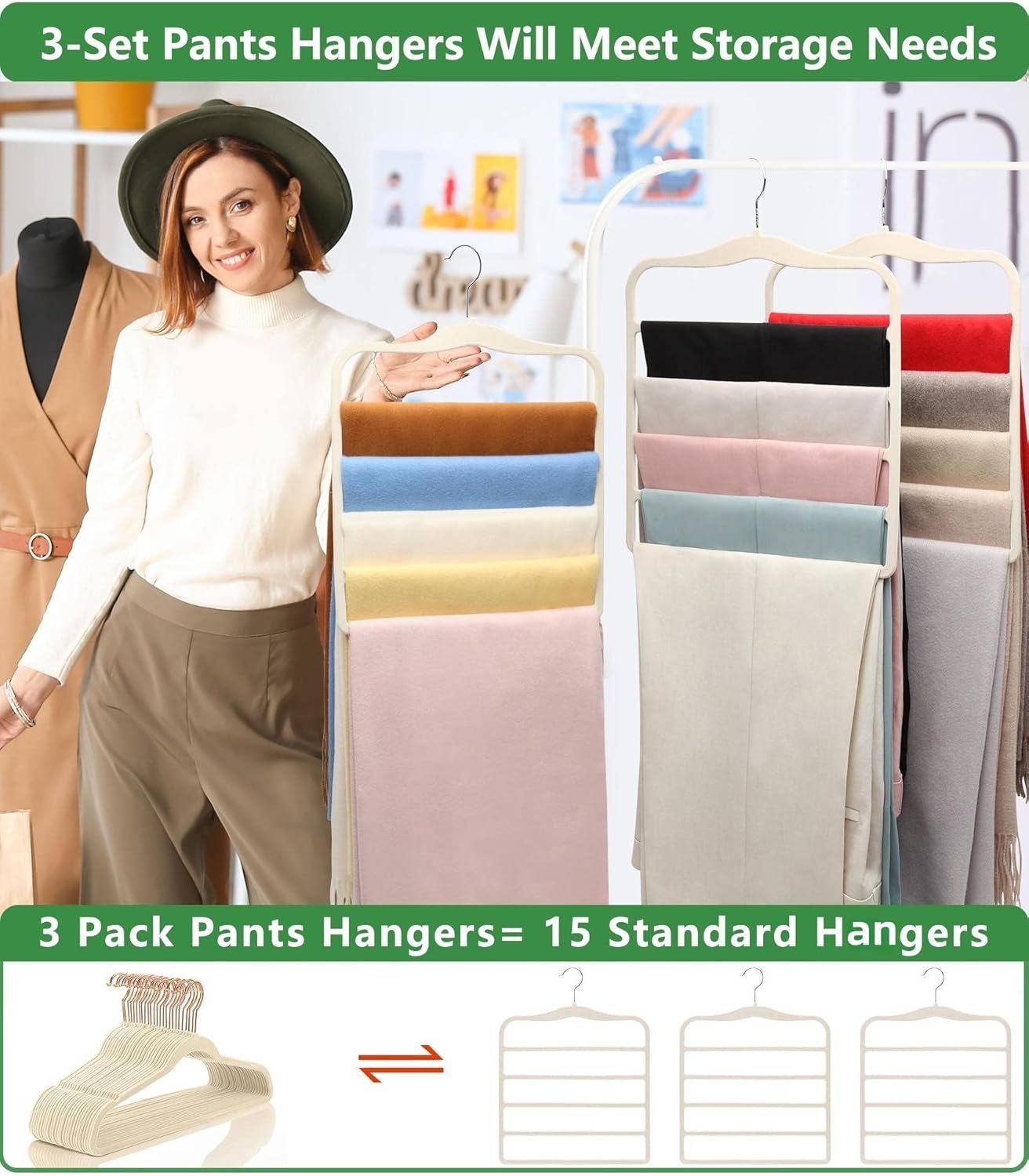 3-Pack Black 5-Tier Velvet Pants Hangers—Swivel Hook, Multi-Use for Pants, Scarves, Towels & Ties—Space-Efficient Closet Organizer for Apartments, Dorms, Small Spaces (White) - Image 3