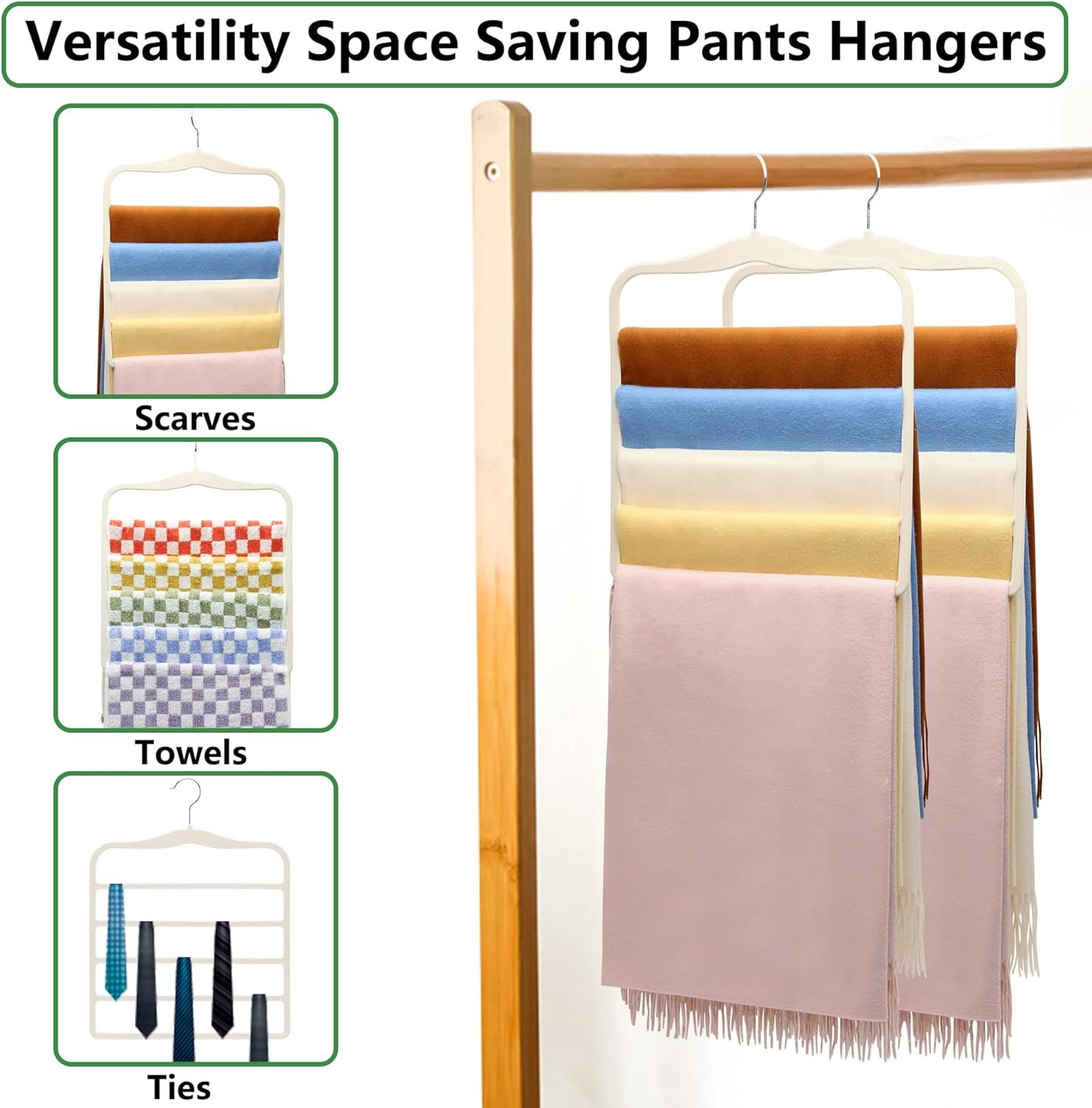 3-Pack Black 5-Tier Velvet Pants Hangers—Swivel Hook, Multi-Use for Pants, Scarves, Towels & Ties—Space-Efficient Closet Organizer for Apartments, Dorms, Small Spaces (White) - Image 6