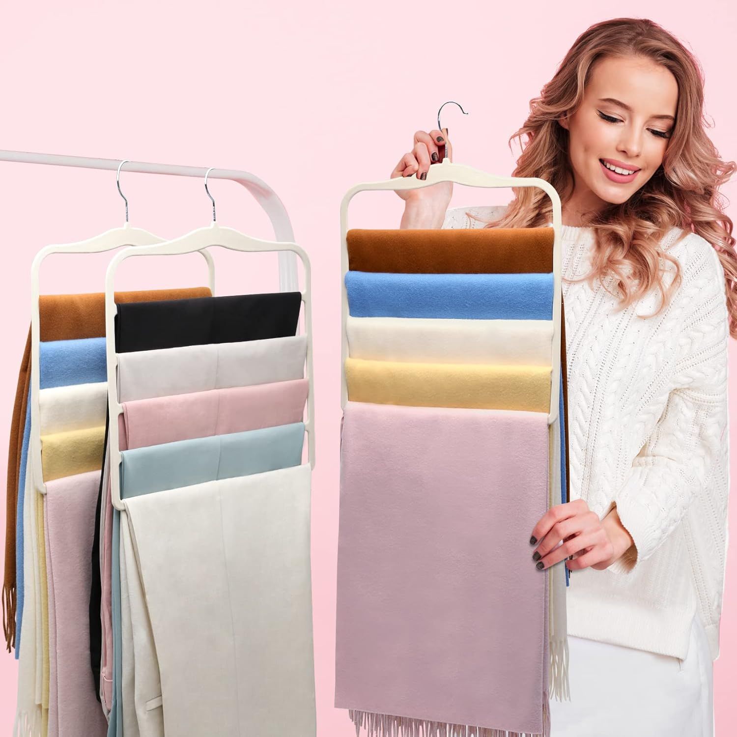 3-Pack Black 5-Tier Velvet Pants Hangers—Swivel Hook, Multi-Use for Pants, Scarves, Towels & Ties—Space-Efficient Closet Organizer for Apartments, Dorms, Small Spaces (White) - Image 7