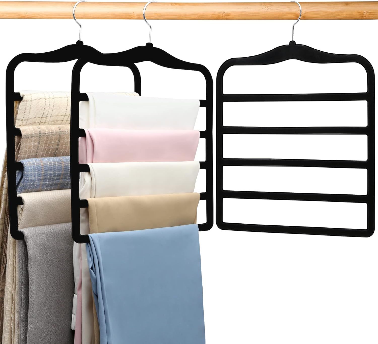 3-Pack Black 5-Tier Velvet Pants Hangers—Swivel Hook, Multi-Use for Pants, Scarves, Towels & Ties—Space-Efficient Closet Organizer for Apartments, Dorms, Small Spaces (Black) - Image 1