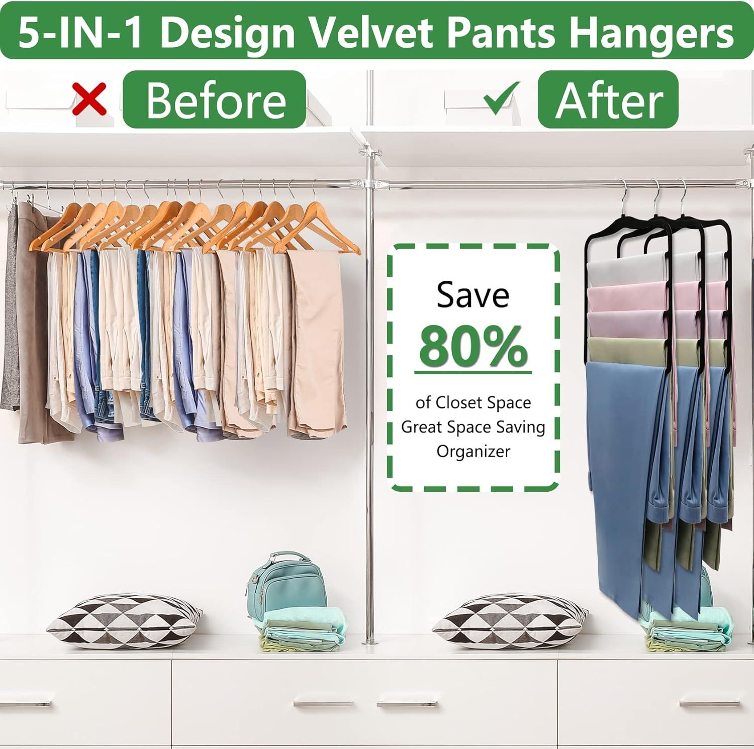 3-Pack Black 5-Tier Velvet Pants Hangers—Swivel Hook, Multi-Use for Pants, Scarves, Towels & Ties—Space-Efficient Closet Organizer for Apartments, Dorms, Small Spaces (Black) - Image 2