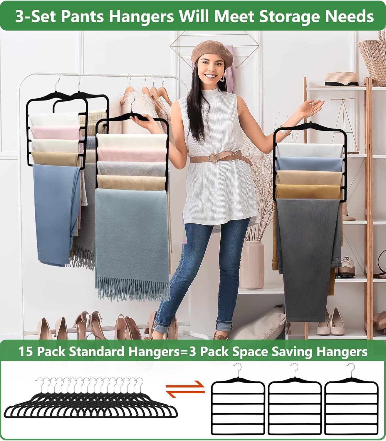 3-Pack Black 5-Tier Velvet Pants Hangers—Swivel Hook, Multi-Use for Pants, Scarves, Towels & Ties—Space-Efficient Closet Organizer for Apartments, Dorms, Small Spaces (Black) - Image 3
