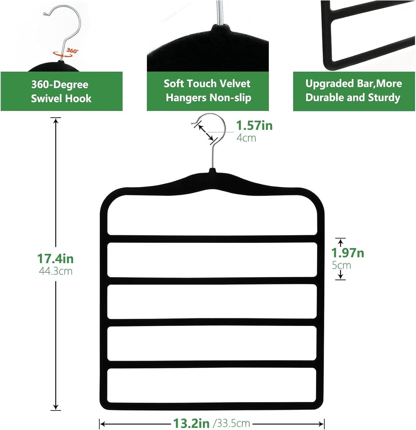 3-Pack Black 5-Tier Velvet Pants Hangers—Swivel Hook, Multi-Use for Pants, Scarves, Towels & Ties—Space-Efficient Closet Organizer for Apartments, Dorms, Small Spaces (Black) - Image 4