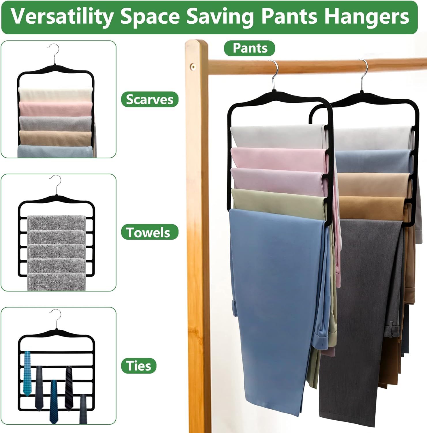 3-Pack Black 5-Tier Velvet Pants Hangers—Swivel Hook, Multi-Use for Pants, Scarves, Towels & Ties—Space-Efficient Closet Organizer for Apartments, Dorms, Small Spaces (Black) - Image 5