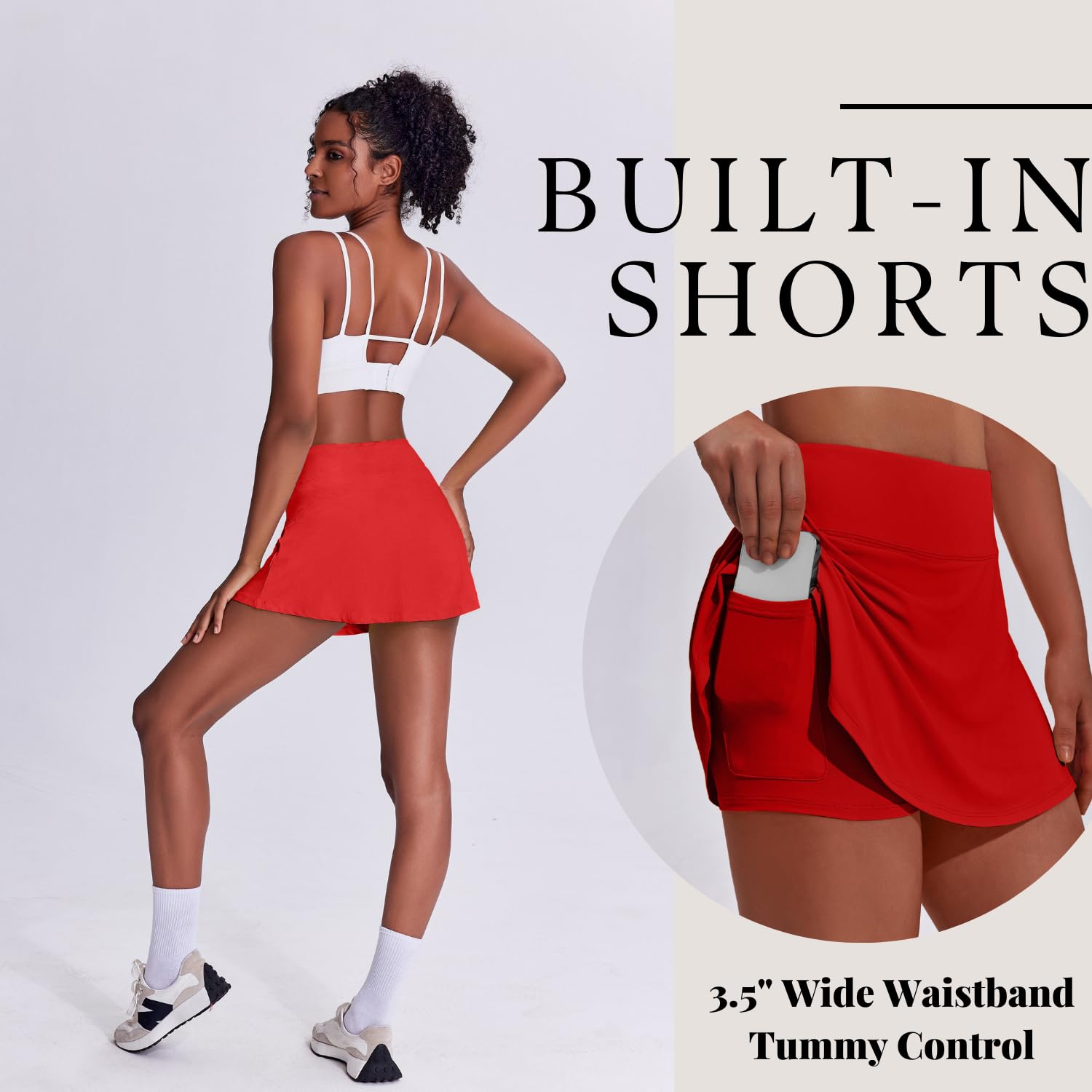 Women's Tennis Skirt with Pockets & Built-in Shorts – High-Waisted Golf Running Skort for Active Lifestyle, Sporty Fitness Wear (Red,XL) - Image 4