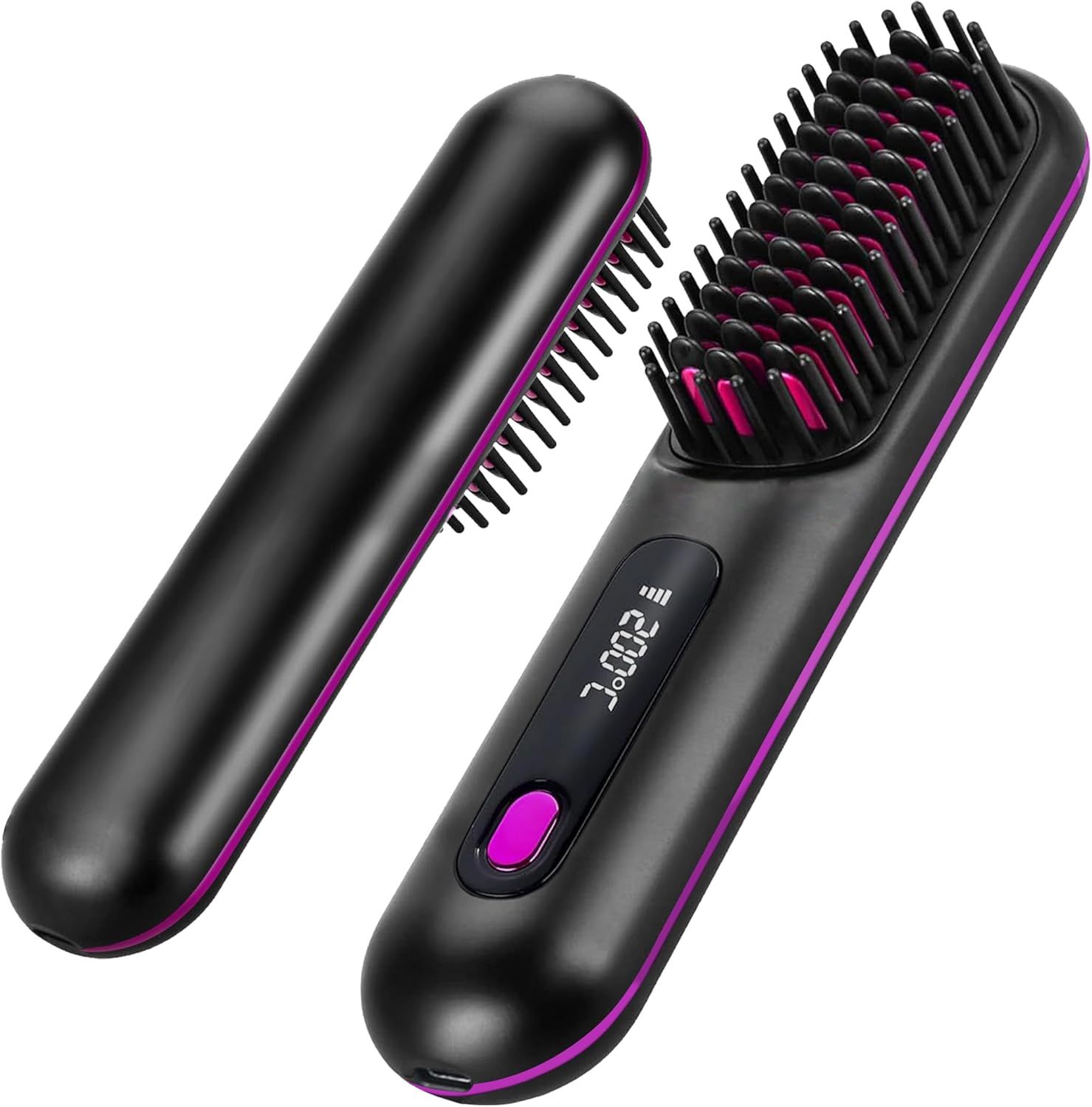Wireless Hair Straightening Brush with Digital LCD Display – MCH Rapid Heating, 3 Temperature Settings, Dual-Layer Ceramic Bristles, Scalp-Safe Design, 3200mAh Battery, USB-C Rechargeable, Portable for Travel & Daily Use (Black) - Image 1