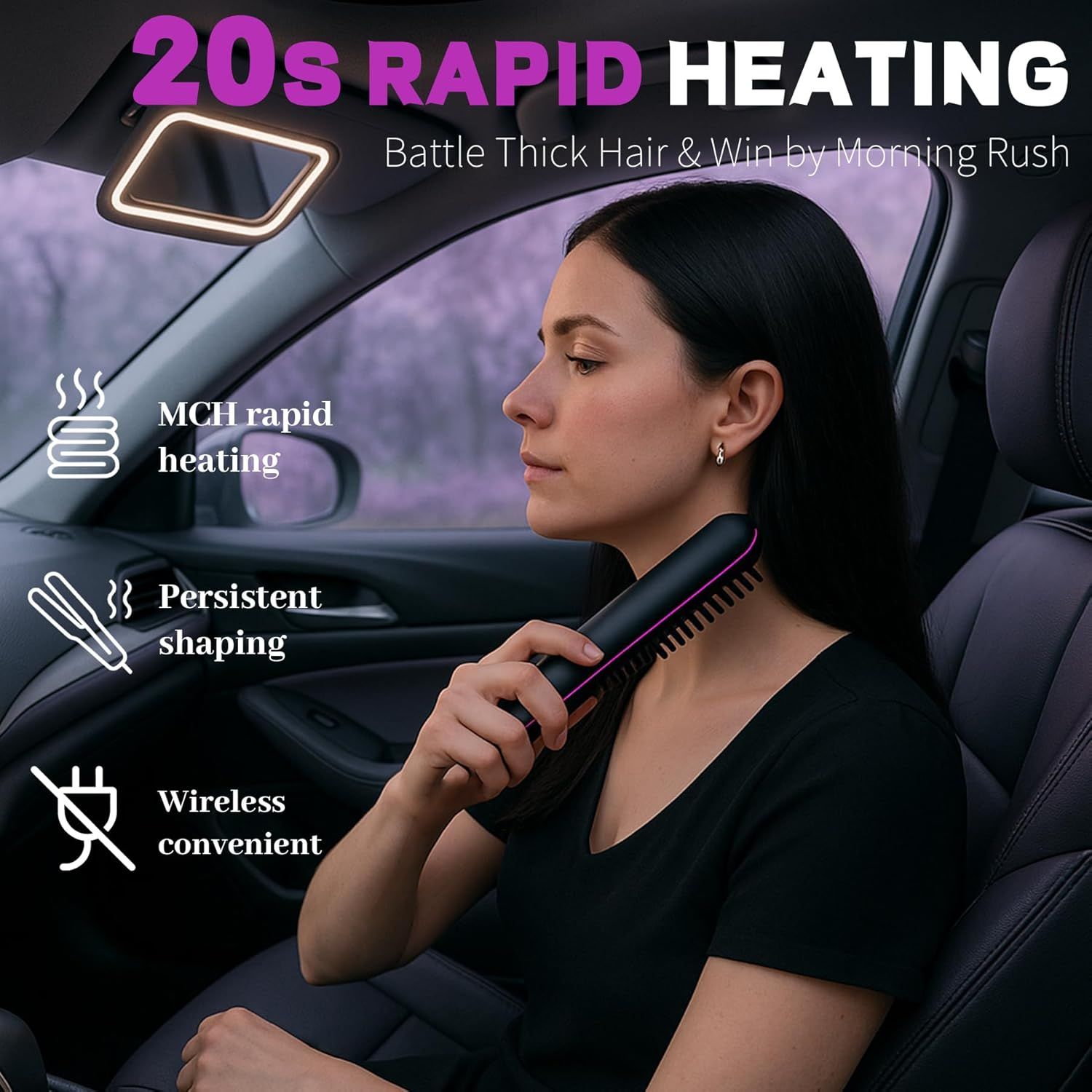 Wireless Hair Straightening Brush with Digital LCD Display – MCH Rapid Heating, 3 Temperature Settings, Dual-Layer Ceramic Bristles, Scalp-Safe Design, 3200mAh Battery, USB-C Rechargeable, Portable for Travel & Daily Use (Black) - Image 2