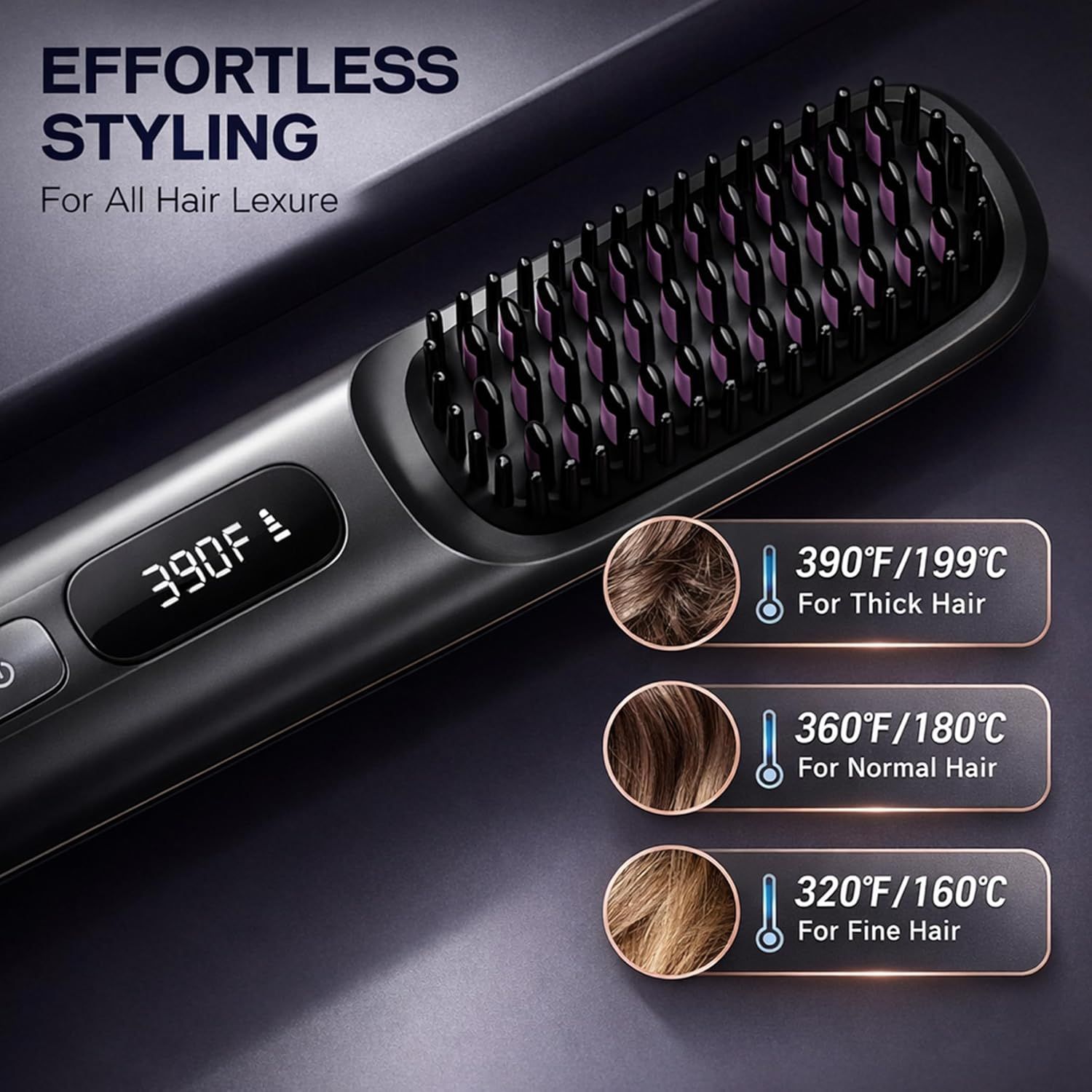 Wireless Hair Straightening Brush with Digital LCD Display – MCH Rapid Heating, 3 Temperature Settings, Dual-Layer Ceramic Bristles, Scalp-Safe Design, 3200mAh Battery, USB-C Rechargeable, Portable for Travel & Daily Use (Black) - Image 3
