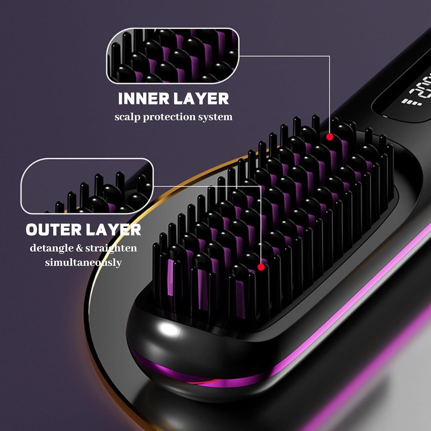Wireless Hair Straightening Brush with Digital LCD Display – MCH Rapid Heating, 3 Temperature Settings, Dual-Layer Ceramic Bristles, Scalp-Safe Design, 3200mAh Battery, USB-C Rechargeable, Portable for Travel & Daily Use (Black) - Image 4