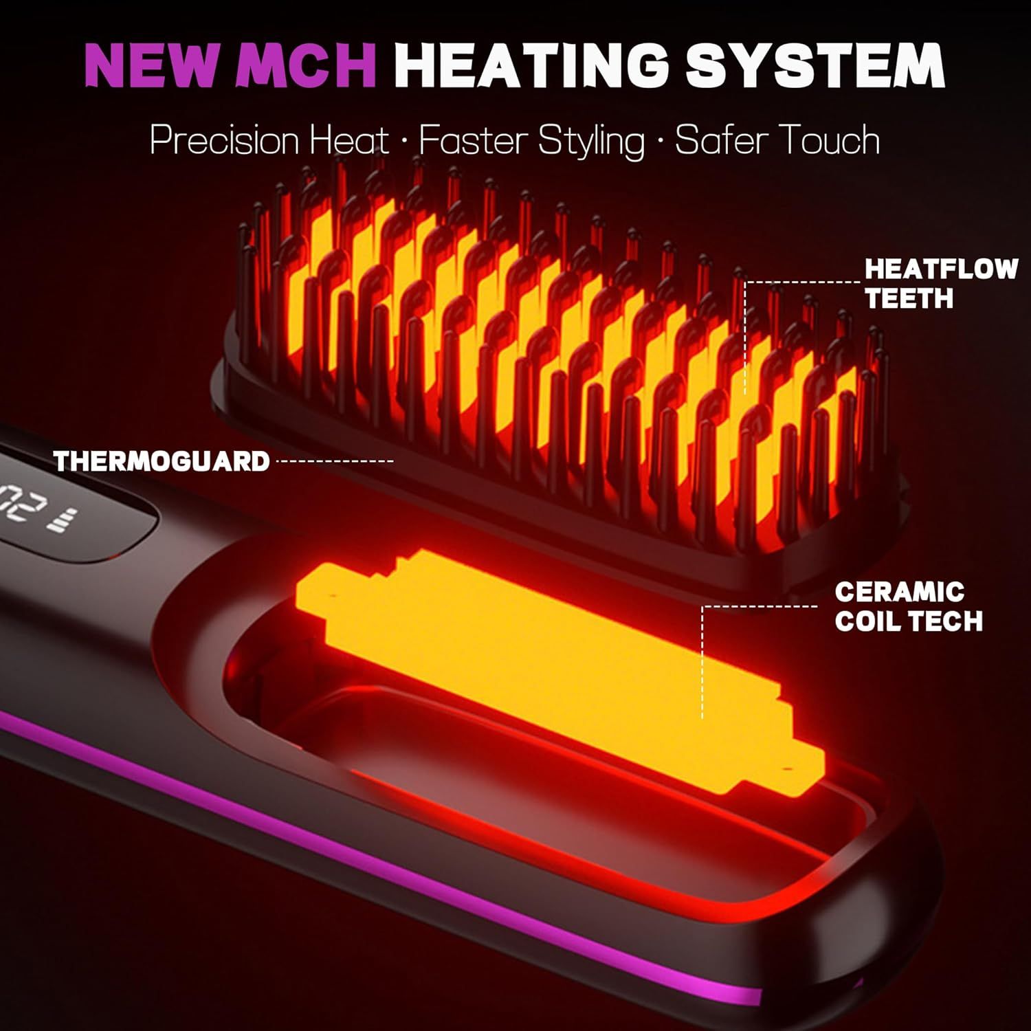 Wireless Hair Straightening Brush with Digital LCD Display – MCH Rapid Heating, 3 Temperature Settings, Dual-Layer Ceramic Bristles, Scalp-Safe Design, 3200mAh Battery, USB-C Rechargeable, Portable for Travel & Daily Use (Black) - Image 5