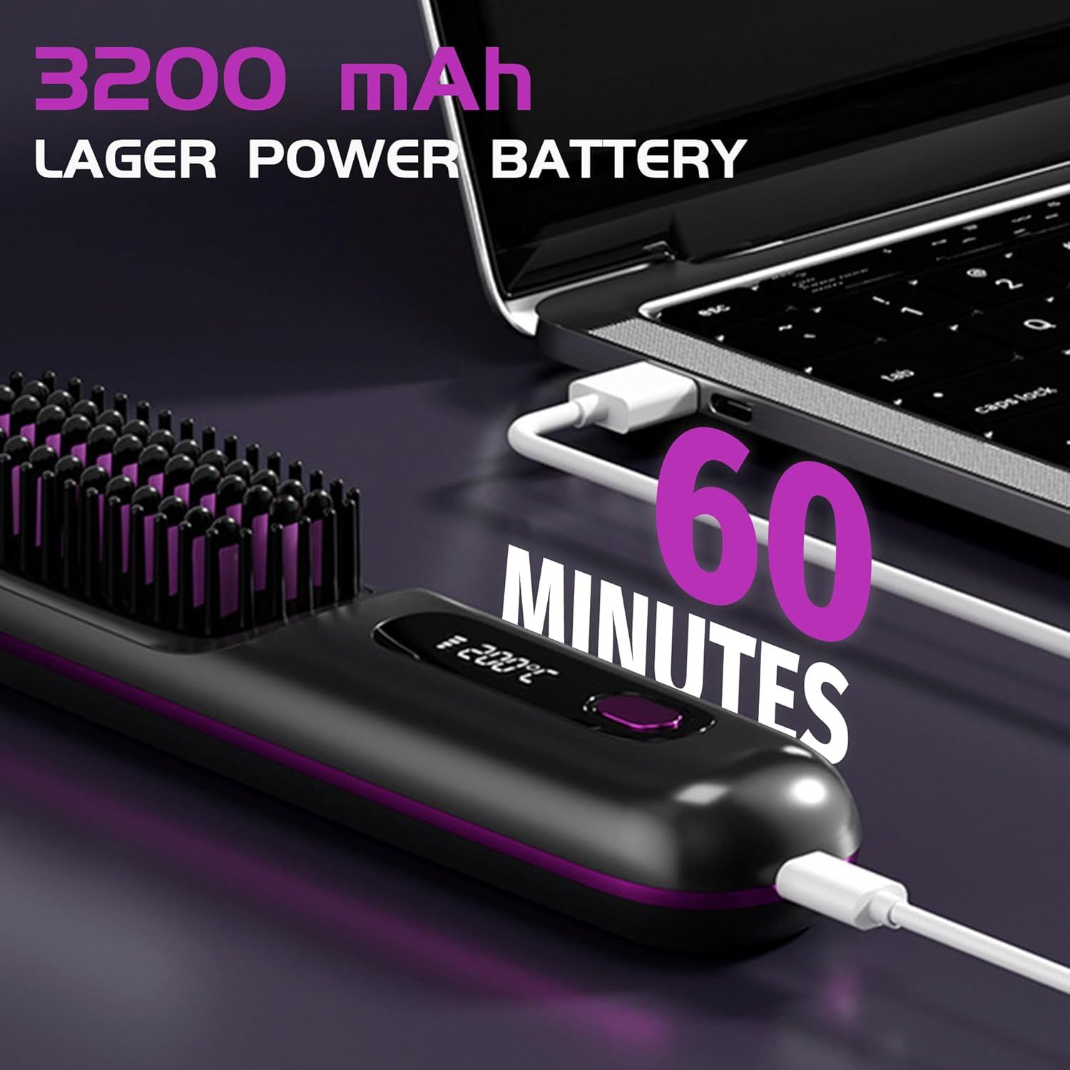 Wireless Hair Straightening Brush with Digital LCD Display – MCH Rapid Heating, 3 Temperature Settings, Dual-Layer Ceramic Bristles, Scalp-Safe Design, 3200mAh Battery, USB-C Rechargeable, Portable for Travel & Daily Use (Black) - Image 6