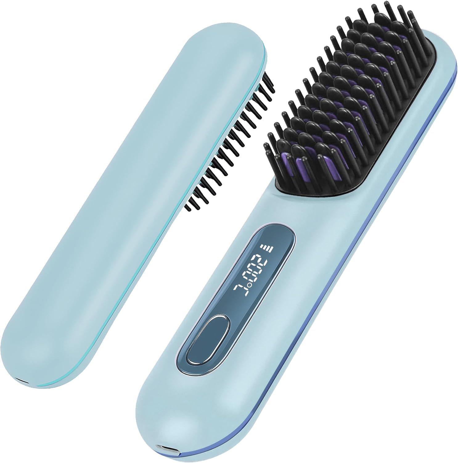 Wireless Hair Straightening Brush with Digital LCD Display – MCH Rapid Heating, 3 Temperature Settings, Dual-Layer Ceramic Bristles, Scalp-Safe Design, 3200mAh Battery, USB-C Rechargeable, Portable for Travel & Daily Use (Blue) - Image 1