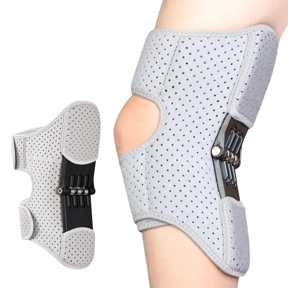 Knee Assistive Brace with Carbon Steel Spring Support – Breathable Perforated Sleeve, Adjustable Straps, Joint Stabilization & Pain Relief for Walking, Running, Hiking, Rehabilitation; Unisex Design for Men & Women (Grey) - Image 1