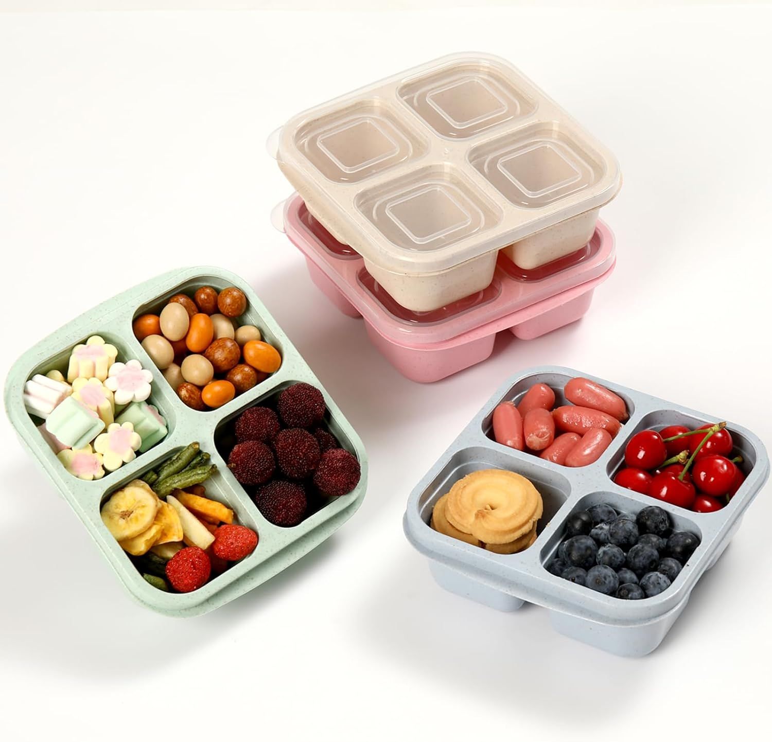 4-Pack Wheat Straw Bento Snack Boxes, 4-Compartment Reusable Lunch Containers for Kids & Adults, BPA-Free Portion Control, Microwave & Freezer Safe (Multicolor) - Image 1